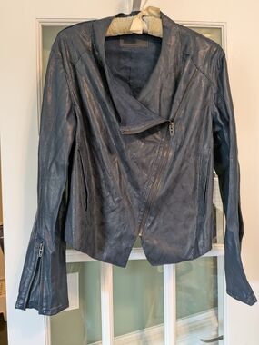 Anthropologie Blank NYC Slate Blue Asymmetrical Faux Leather Moto Jacket Size L